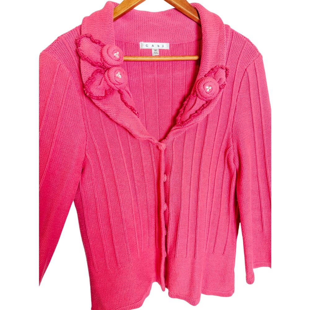 CAbi Pink Ribbed Knit Cardigan Ruffle Collar Button Front Medium - Picture 3 of 9